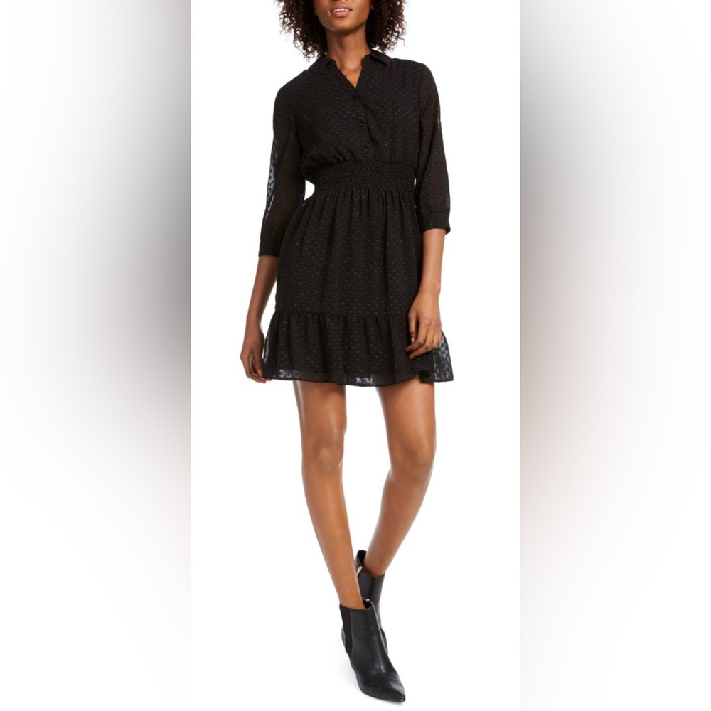 Maison Jules Black Swiss Dot 3/4 Sleeves Button front skater dress